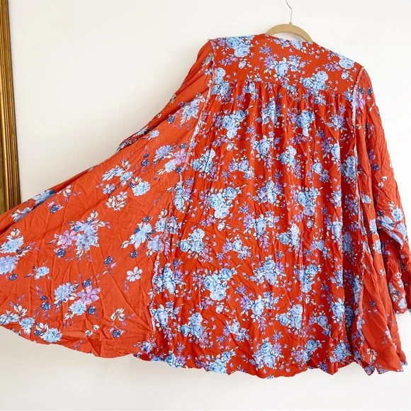 Free People Lorretta pop Print Tunic blouse long sleeve floral ruffle oversized - Picture 7 of 15